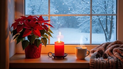 Cozy winter scene with red poinsettia, candle, and hot drink by snowy window for festive holiday cheer and peaceful moments