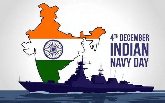Indian Navy Day warship silhouette with tricolor India map and Ashoka Chakra. - Powered by Adobe