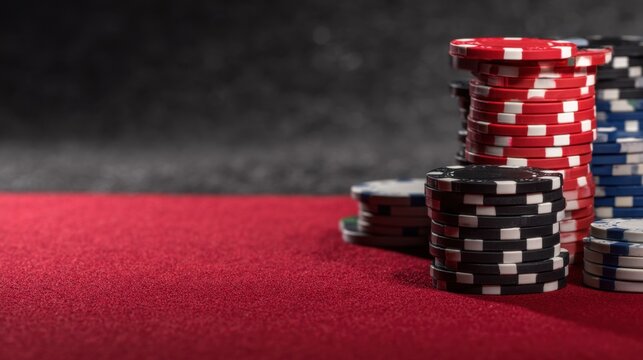 Stacks of colorful poker chips in red black and blue are arranged neatly on a rich red felt surface setting the stage for an engaging game night at a casino.
