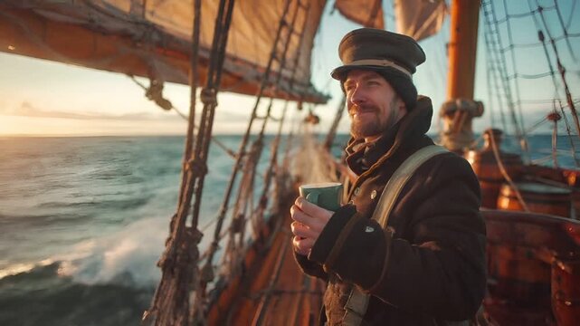 A man in a captains hat and coat holds a mug on a ships deck during sunset. The ships rigging is visible, and the sea stretches out in the background.