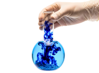 Hand in glove adding blue ink to water in flask isolated on transparent background