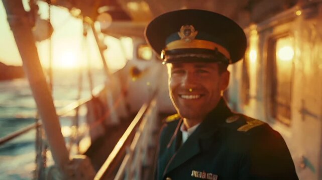 A closeup of a man in a military uniform, smiling at the camera. He is wearing a captains hat with a badge, and his uniform is adorned with gold epaulettes and badges.