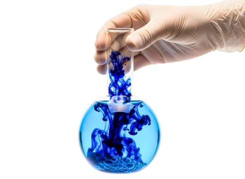 Hand in glove adding blue ink to water in flask isolated on transparent background