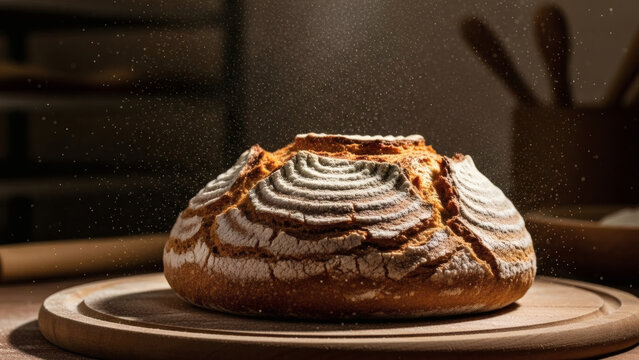 Deliciously baked artisan bread dusted with flour on a wooden board, evoking a sense of home baking and culinary delight