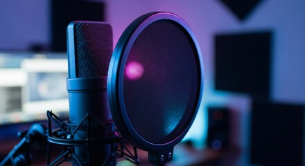 Professional Microphone with Pop Filter in Home Studio. high-end black microphone with a pop filter, illuminated by soft blue and purple RGB lighting. Represents podcasting, ASMR, streaming