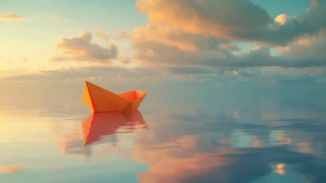 Aerial view of a paper boat floating on calm water under a partly cloudy sky during sunset. The boat is orange, and the water reflects the skys colors, creating a serene and tranquil atmosphere.