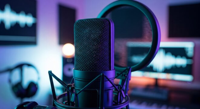 Professional Microphone with Pop Filter in Home Studio. high-end black microphone with a pop filter, illuminated by soft blue and purple RGB lighting. Represents podcasting, ASMR, streaming