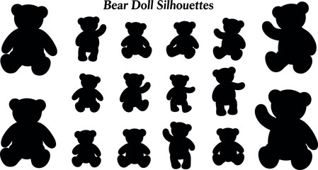 Collection of black teddy bear doll silhouettes in various cute poses, symbolizing childhood, toys, baby shower, nursery, and comfort vector graphics.