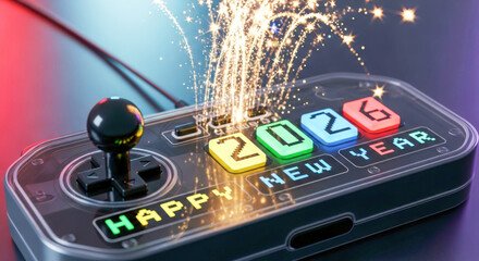 Retro gaming controller displaying happy 2026 new year, with sparks of celebration isolated on white background, Vector