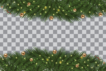 christmas border, New year, Realistic garland and coniferous branches lights and ribbon, Art decoration transparent background 