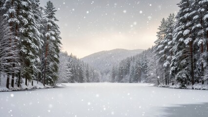 Serene winter wonderland landscape with snow falling gently on frozen lake surrounded by snow covered pine trees creating a peaceful scene
