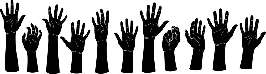 Group of raised black hands silhouettes, symbolizing volunteering, voting, community, unity, and actively participating in a protest or agreement.