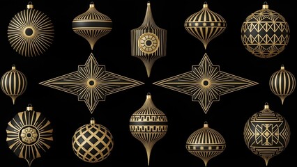 Elegant black and gold Christmas decoration set in vintage Art Deco style with geometric sunburst patterns