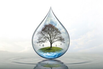 Fototapeta premium Nature Inside a Water Droplet Reflects a Tree and Peaceful Landscape