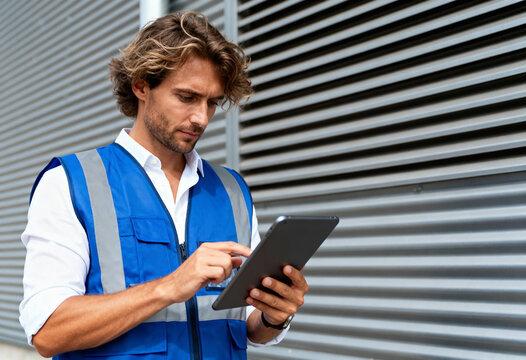 Focused industrial worker in a blue safety vest using a digital tablet. Engineer or supervisor managing a project on a construction site. Technology and logistics concept - Powered by Adobe