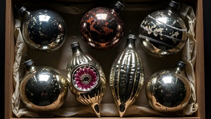 Vintage glass Christmas ornaments in a wooden box, antique mercury glass baubles with patina and wear, nostalgic holiday decoration flat lay