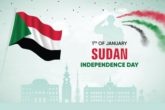 Sudan Flag Waving With Army Soldier and Air Show On Skyline Background. Independence Day Concept Design Vector Illustration.