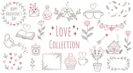 Collection of Romantic Valentine Vector Cliparts – Hearts, Floral Elements, Cute Line Art for Cards, Invitations, Decor and many others.