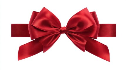 Fototapeta premium A vibrant red satin bow with smooth edges sits centered on a wide ribbon. Ideal for wrapping gifts event decorations or adding elegance to any celebration.