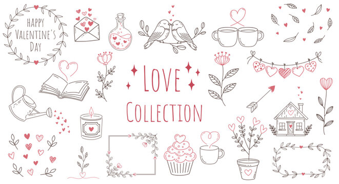 Collection of Romantic Valentine Vector Cliparts &ndash; Hearts, Floral Elements, Cute Line Art for Cards, Invitations, Decor and many others.