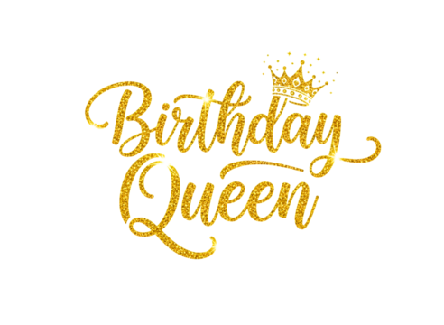 Golden birthday queen text with crown isolated on transparent background