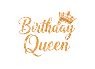 Golden glitter birthday queen crown text isolated on transparent background