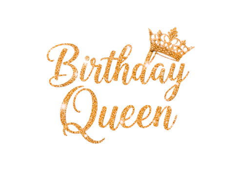 Golden glitter birthday queen crown text isolated on transparent background