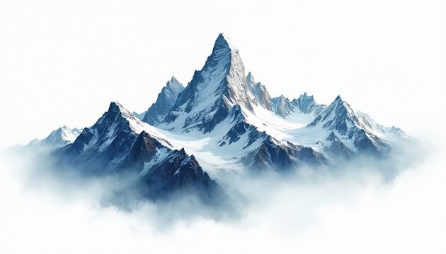Majestic snow capped mountain range rises above clouds. Jagged peaks pierce sky creating dramatic winter landscape. White background isolates stunning scenic view.