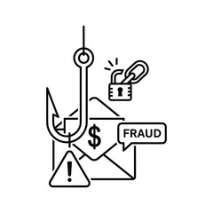 Phishing scam concept with fishing hook, money, and fraud alert