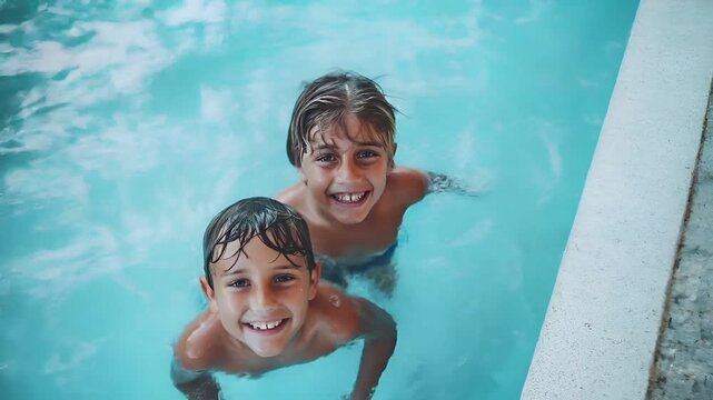 Aerial view of two children swimming in pool with sunlight filtering through the waters surface, creating a shimmering effect. The children are captured in a candid moment.