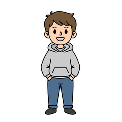Obraz premium Young boy in grey hoodie and blue jeans standing with hands in pockets with a smile on his face on a transparent background