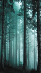 Ethereal Teal Fog Shrouds a Dense Conifer Forest with Mysterious Light.