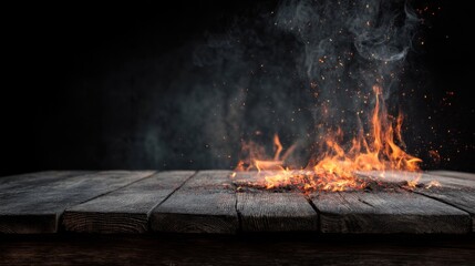 Flames burst into life on a rustic wooden table surrounded by swirling smoke and bright sparks. The dark background contrasts with the vibrant fire creating an intense atmosphere.