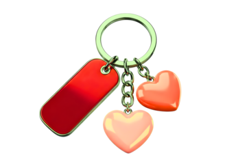 Red heart shaped charms and tag keychain isolated on transparent background