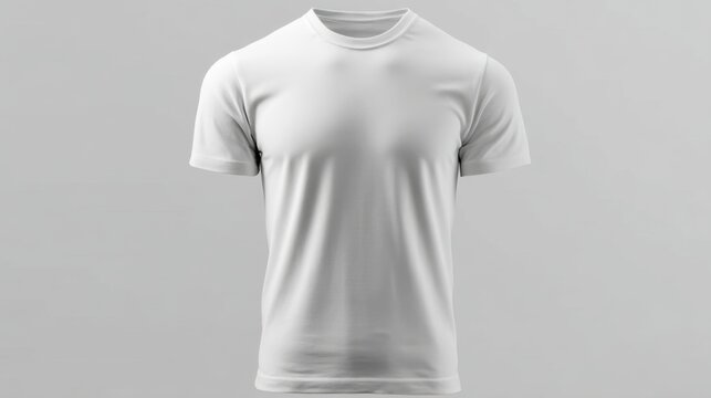 A plain white t shirt is shown on a light gray background emphasizing its simple design. This presentation highlights the fabric texture and fit for potential buyers.