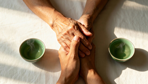 Top view of a younger person's hands comforting an elderly person's hands. Senior care and family connection with cups of tea - Powered by Adobe