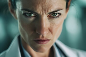 Intense Close-Up of a Furious Female Doctor's Angry Eyes