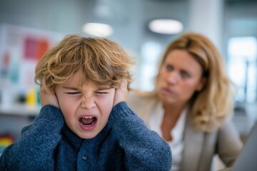 Upset Little Boy Screaming and Covering His Ears in a Clinic