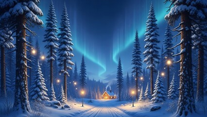 Cozy cabin glows under winter's aurora borealis in snowy forest wonderland scene for holiday designs and festive promotions