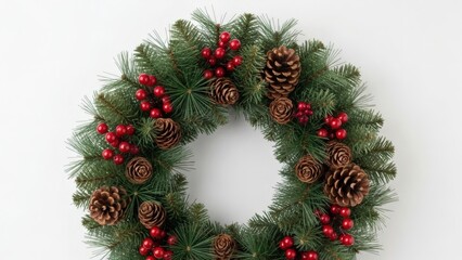 Elegant Christmas wreath with vibrant red berries and natural pine cones against a clean white backdrop brings festive holiday cheer