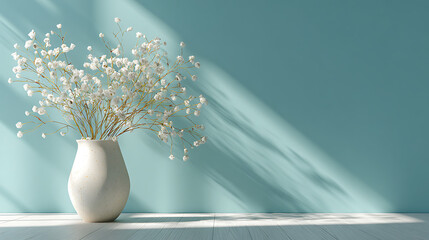 white flowers displayed in a vase placed before a pastel blue wall where subtle natural light and shadows enhance the calm elegant and minimal atmosphere