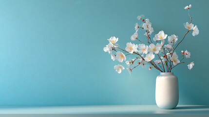 white flowers displayed in a vase placed before a pastel blue wall where subtle natural light and shadows enhance the calm elegant and minimal atmosphere