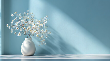 white flowers displayed in a vase placed before a pastel blue wall where subtle natural light and shadows enhance the calm elegant and minimal atmosphere