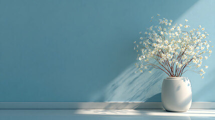 white flowers displayed in a vase placed before a pastel blue wall where subtle natural light and shadows enhance the calm elegant and minimal atmosphere