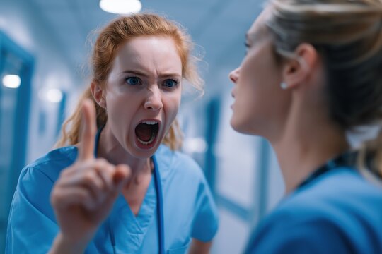 Furious Female Nurse Shouting and Arguing with a Colleague