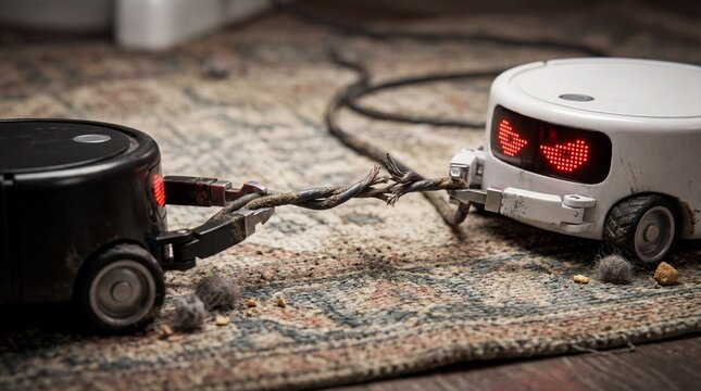 Two small robots are connected by a dangerously frayed and twisted power cable.