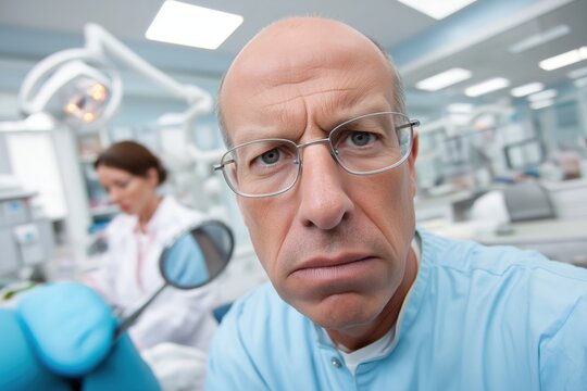 Grumpy Male Dentist with a Tool Looking Annoyed