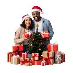 happy couple with christmas presents isolated on white background