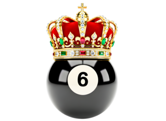 Black billiard ball number six with a regal crown isolated on transparent background
