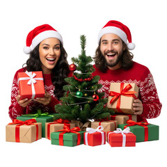 happy couple with christmas gifts isolated on white background